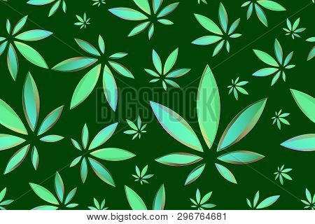 Marijuana Leaves Seamless Vector Pattern. Cannabis Plant Green Background. Dense Vegetation Of Ganja