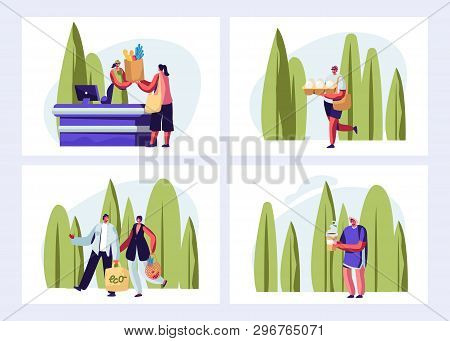 Eco Packing Set. People Visiting Open Air Store. Male And Female Characters Use Eco Package For Shop