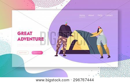 Man And Woman Set Up Tent. Male And Female Tourists Characters Sparetime In Camping On Nature. Activ
