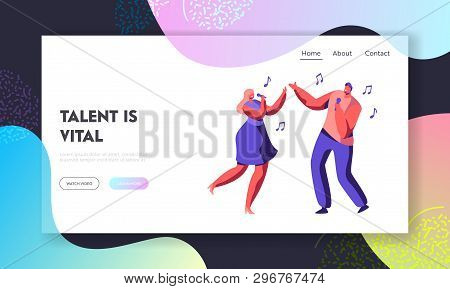 Young Couple Of Male And Female Characters Singing Song With Microphones In Hands. Talent Show Duet,