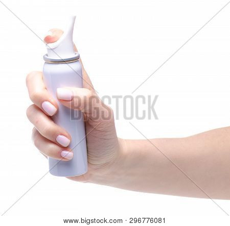 Sea Water For The Nose In Hand On White Background Isolation. Pharmacy And Medicine Concept