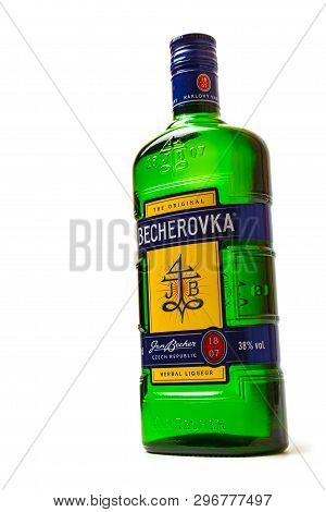 Chisinau, Moldova - April 21, 2019: Product Shot Of Czech Herbal Bitters Becherovka Bottle Isolated 