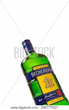 Chisinau, Moldova - April 21, 2019: Product Shot Of Czech Herbal Bitters Becherovka Bottle Isolated 