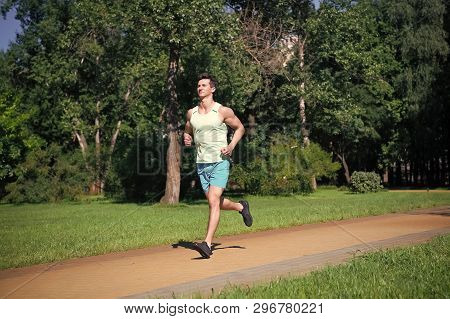 His Best Speed. Man Jogger Run In Park Sunny Day Nature Background. Man Training, Prepare His Body F