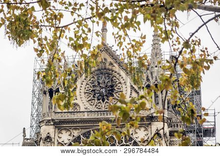Paris, France - April 16th, 2019: The Cathedral Notre Dame De Paris After The Tragic Fire. The Spire