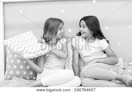 Evening Time For Fun. Sleepover Party Ideas. Girls Happy Best Friends Or Siblings In Cute Stylish Pa