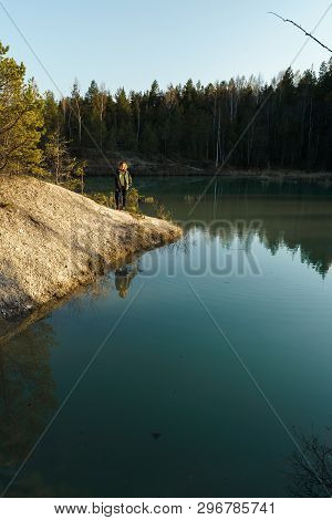 Young Woman Takes Travel Photos -beautiful Turquoise Lake In Latvia - Meditirenian Style Colors In B