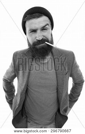 Brutal Habits And Lifestyle. Hipster Brutal Bearded Tobacco Smoker. Brutality And Masculinity. Bruta