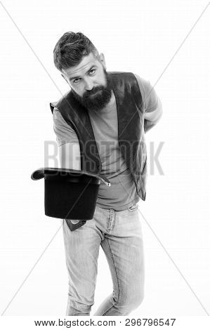 Circus Magic Trick Performance. Illusionist Circus Worker. Applause Great Artist. Man Bearded Strict