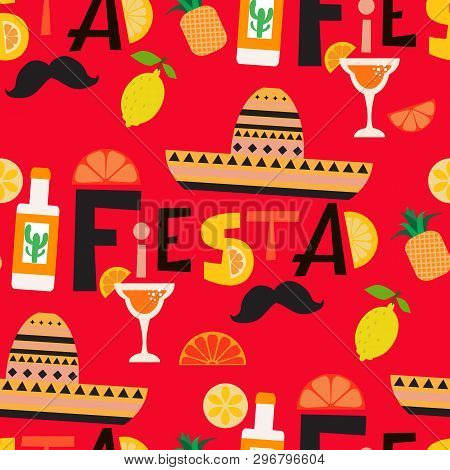 Mexican Festive Funny Seamless Pattern  With  Sombrero, Lemon, Laim,  Tequila  In Cartoon Style. Vec