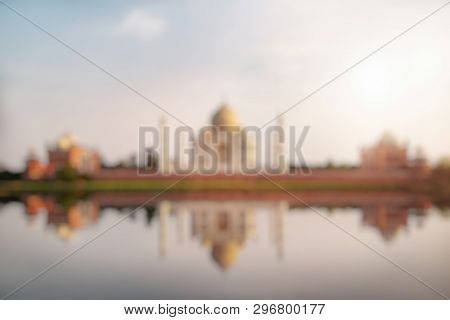 Out Of Focus Of Taj Mahal Seen From Mehtab Bagh Reflect On Yamuna River, An Ivory-white Marble Mauso