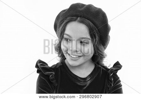 How To Wear Beret Like Fashion Girl. Kid Little Cute Girl Smiling Face Posing In Hat Isolated On Whi
