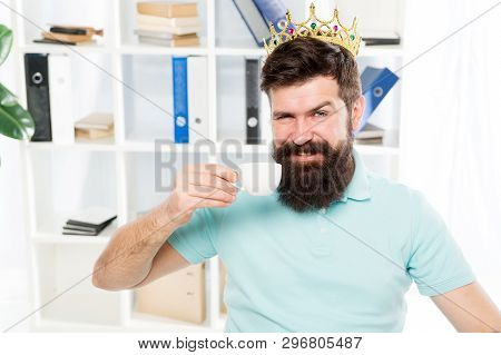 Head Office Concept. Man Bearded Manager Businessman Entrepreneur Wear Golden Crown On Head. Relaxed