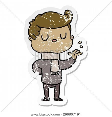 distressed sticker of a cartoon aloof man
