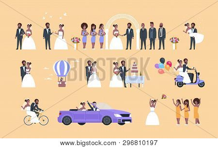 Set Just Married Man Woman Standing Together Different Concepts Collection African American Couple B