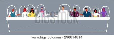 Businesspeople Discussing During Training Conference Meeting Business People Men Women Sitting At Co