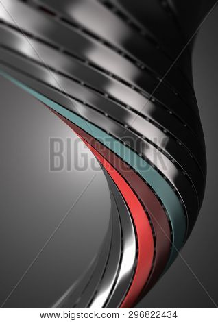 3d Illustration Artwork. Metallic Vortex With Three Colored Stripes Over Grey Background. Vertical I