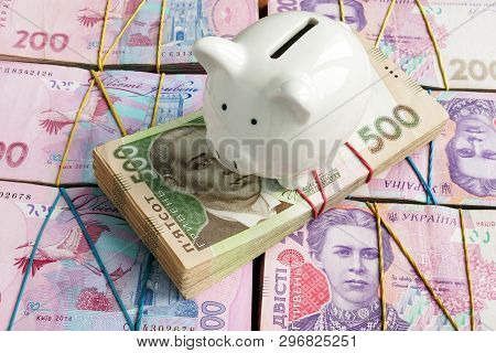 Savings In Hryvnia And Ukrainian Bank System. Piggy Bank And Uah.