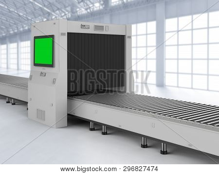 3d Rendering Scanner Machine With Empty Monitor And Conveyor Belt