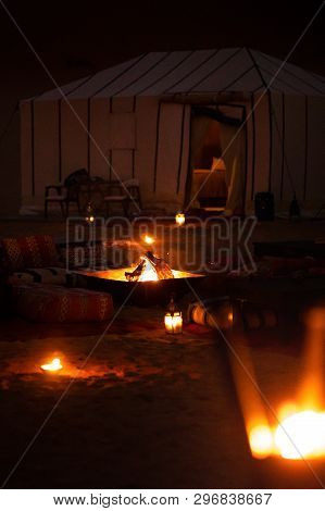 Evening Glamping Tents In Sahara Desert In Morocco. Luxurious Camping Resort In Nature Dunes, Glampi