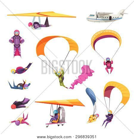 Skydiving Extreme Sport Elements Flat Icons Collection With Parachute Jump Free Fall Airplane Glider