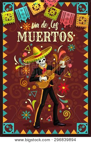 Dia De Los Muertos Skeleton Skull Playing Guitar In Mexican Holiday Mariachi Sombrero And Suit. Day 