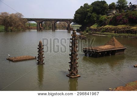 Old Temple And Deepmala, Stone Structure For Lights, Inside Panchganga River, Kolhapur, Maharashtra