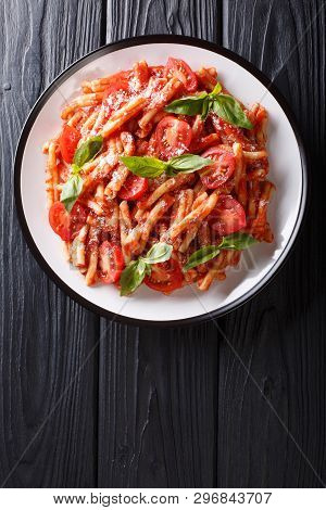 Portion Of Tasty Casarecce Pasta With Tomato Sauce, Cheese And Basil Close-up On A Plate. Vertical T