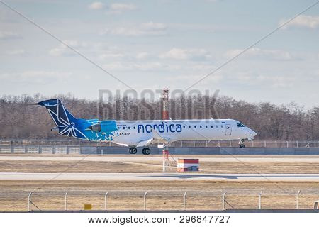 Kyiv, Ukraine - March 17, 2019: Nordica Bombardier Crj-700 On Short Final Landing In The Airport