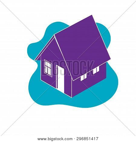 Isometric House Silhouette In Violet Color On Blue Spot Isolated On White Background. Web Icon For R