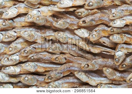 Plenty Of Small Dried Fish From Sea That Are Arranged In Group,top View Of Small Dried Fish Pattern,