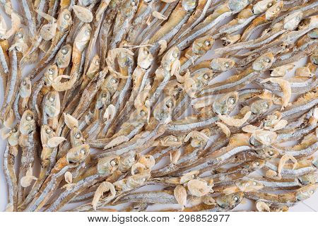 Plenty Of Small Dried Fish And Shrimps From Sea That Are Arranged In Group,top View Of Small Dried F