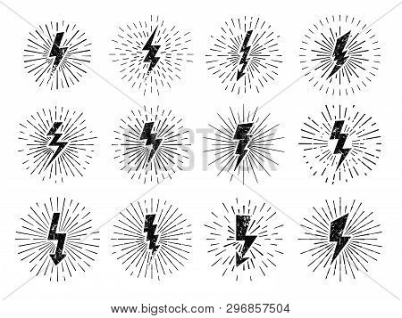 Vintage Thunderbolt Sign. Retro Energy Burst, Lightning Starburst And Lightnings Blitz Flash Hipster