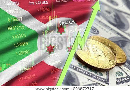 Burundi Flag And Cryptocurrency Growing Trend With Two Bitcoins On Dollar Bills