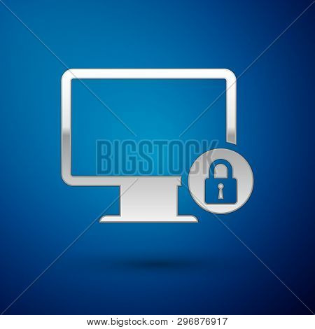 Silver Lock On Computer Monitor Screen Icon Isolated On Blue Background. Monitor And Padlock. Securi