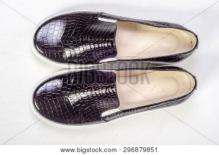 Womens Flat Photo Black Shoes Isolated On White Background