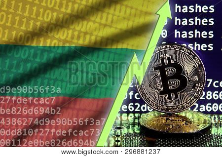 Lithuania Flag And Rising Green Arrow On Bitcoin Mining Screen And Two Physical Golden Bitcoins