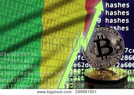 Mali Flag And Rising Green Arrow On Bitcoin Mining Screen And Two Physical Golden Bitcoins