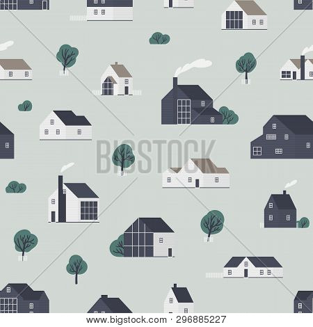 Seamless Pattern With Wooden Country Houses, Town Cottages, Dwelling In Scandic Style. Backdrop With
