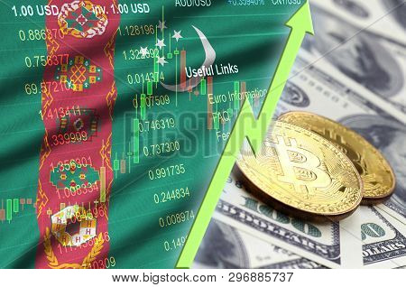 Turkmenistan Flag And Cryptocurrency Growing Trend With Two Bitcoins On Dollar Bills