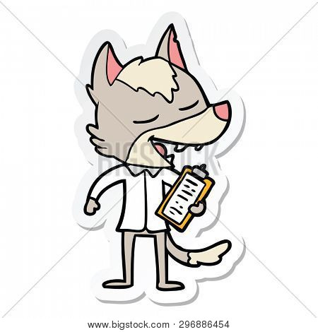 sticker of a cartoon saleman wolf laughing