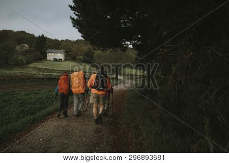 Sarria, Spain - April 6th, 2019: Group Of Pilgrims With Backpack Walking By Camino De Santiago Way I