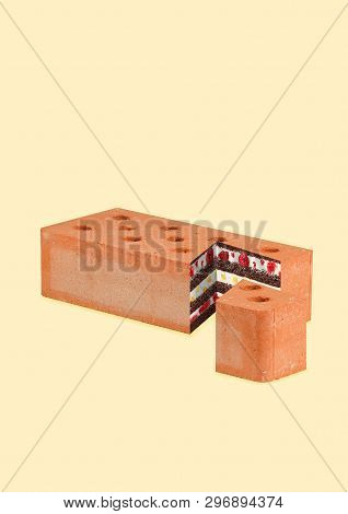 It May Be Delicious If Youll Try. A Building Brick Outside And Sweet Pie Inside On Yellow Background