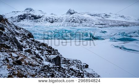 Panoramic Image Of The Snow-coverd Glacier Svinafellsjoekull On A Winter Day After Snowfall, Iceland