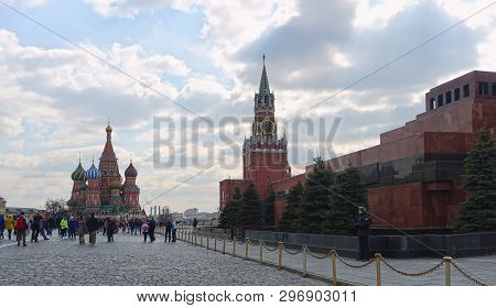 Moscow, Russia. April 14, 2019 Moscow Kremlin, Spasskaya Tower, St. Basils Cathedral On Red Square. 