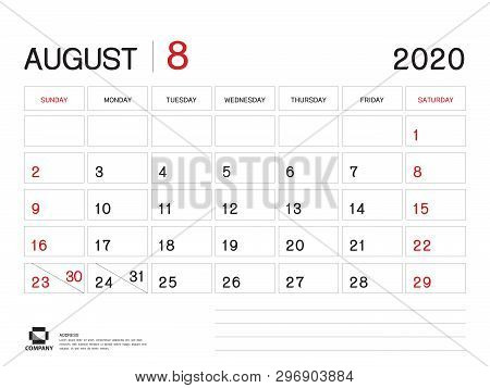 August 2020 Year Template, Calendar 2020 Vector, Desk Calendar Design, Week Start On Sunday, Planner