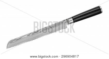 Japanese Damascus Steel Bread Knife With Serrated Blade On White Background. Kitchen Knife Isolated 