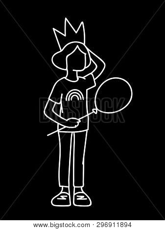 Little Girl In Crown With Balloon In Her Hand. White Lines Isolated On Black Background. Concept. Ve