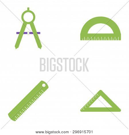 Compass, Ruler, Coal Ruler, Protractor Vector Flat Icons, Stationery Vector Illustration