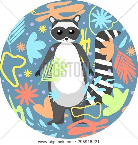 Cute Cartoon Style Racoon In Shape Of Round Floral Background Vector Illustration